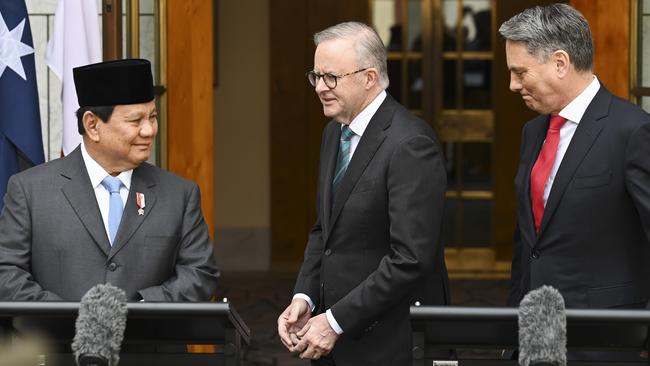 Indoensian president-elect Prabowo Subianto, Anthony Albanese and Deputy Prime Minister Richard Marles. Picture: Martin Ollman / NewsWire