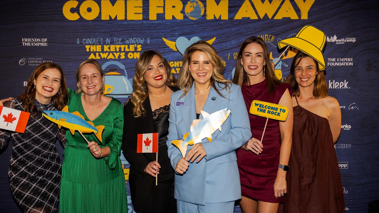 At the opening night function for The Empire's Come From Away are (from left) Victoria Winter, Sarah Perrott, Kate Rule, Giuliana Bonel, Kat Keogh and Libby Barke at The Rock, Friday, March 14, 2025. Picture: Hey Media