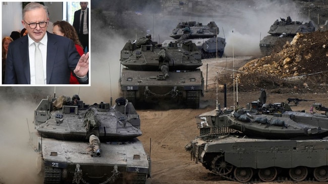 Israeli tanks mass in the country's north on Tuesday as part of the ground operation into southern Lebanon. Inset: Anthony Albanese on Tuesday. Picture: AP