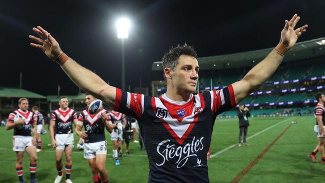 Cooper Cronk celebrates the Roosters’ victory over Melbourne at the SCG. Picture: Brett Costello