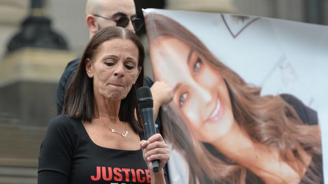 “I will get her justice”: The mother of Celeste Manno, Aggie Di Mauro, led a protest to call for mandatory life sentences for murderers outside parliament in Melbourne on Sunday. Picture: NCA NewsWire / Andrew Henshaw