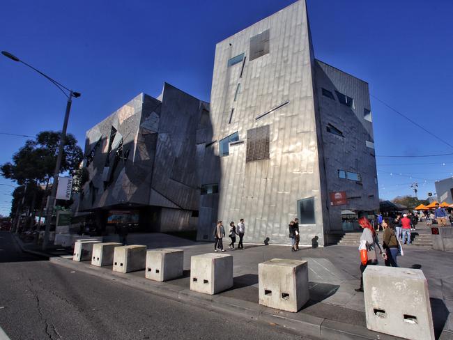 Concrete bollards are installed at Federation Square. Picture: Hamish Blair