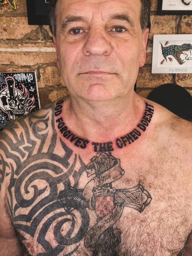 John Setka inked himself with a new tattoo after he stepped down from the union, saying “God forgives, the CFMEU doesn’t”. Picture: Supplied