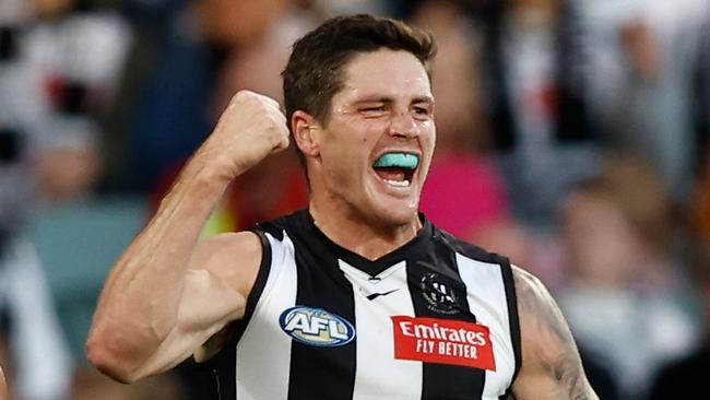 ADELAIDE, AUSTRALIA - APRIL 07: Jack Crisp of the Magpies celebrates a goal during the 2024 AFL Round 04 match between the Collingwood Magpies and the Hawthorn Hawks at Adelaide Oval on April 07, 2024 in Adelaide, Australia. (Photo by Michael Willson/AFL Photos via Getty Images)