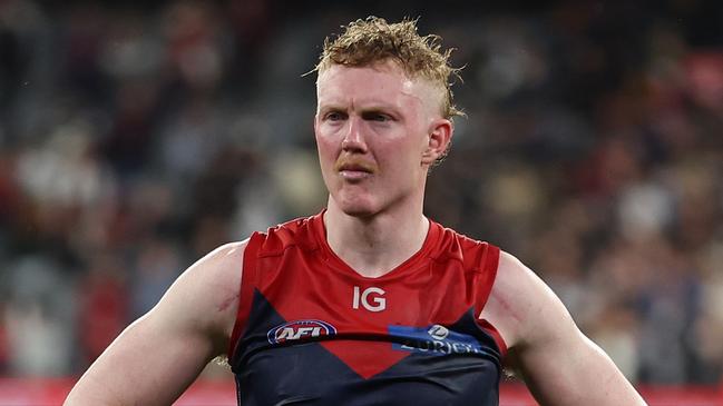 MELBOURNE, AUSTRALIA - SEPTEMBER 15: Clayton Oliver of the Demons is dejected after the Demons were defeated by the Blues during the AFL First Semi Final match between Melbourne Demons and Carlton Blues at Melbourne Cricket Ground, on September 15, 2023, in Melbourne, Australia. (Photo by Robert Cianflone/Getty Images)