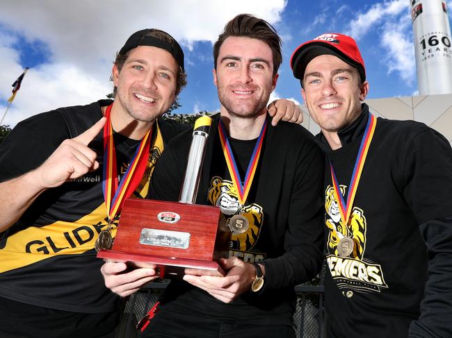 24.9.2019.SANFL Premiers Glenelg chimney unveiling at West End Brewery, Port rd, Hindmarsh.Matthew Snook,Jack Oatey Medal,Liam McBean,Ken Farmer Medal and Luke Partington,Magarey Medal.   PIC TAIT SCHMAAL.