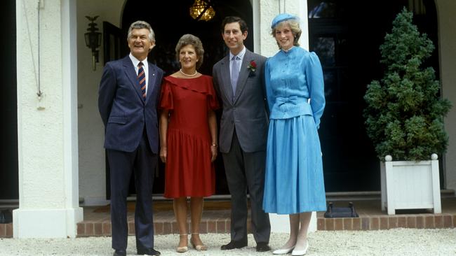 Prince Charles, Prince of Wales, and Diana, Princess of Wales, meet Prime Minister Bob Hawke and his wife Hazel in 1983.