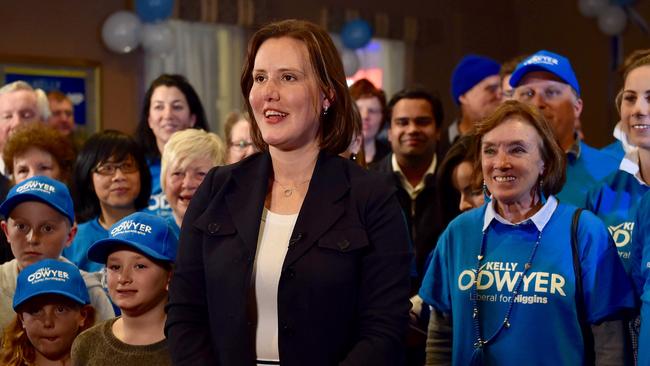 Liberal Member for Higgins Kelly O'Dwyer stands in front of her supporters, during a Channel 7 election telecast cross at her post election function. Picture: Ellen Smith