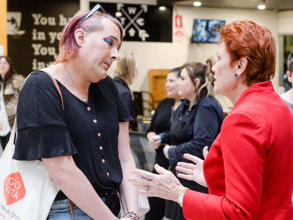 Pauline Hanson talking about transgender issues with Rebecca Hammond during a walk around at Elizabeth Shopping Centre. Picture: NCA NewsWire / Brenton Edwards