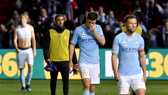 Curtis Good reacts to City’s loss in last year’s A-League Elimination Final against Adelaide. Picture: AAP