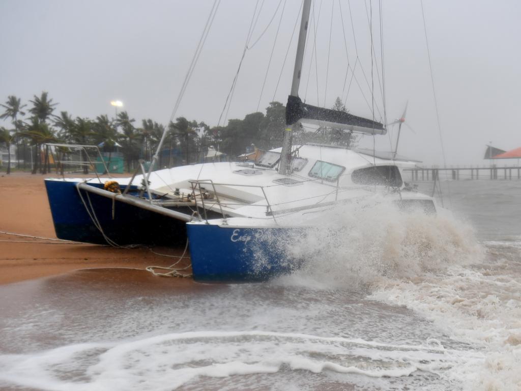 Yacht washed up on The Strand at Townsville. Picture: Evan Morgan