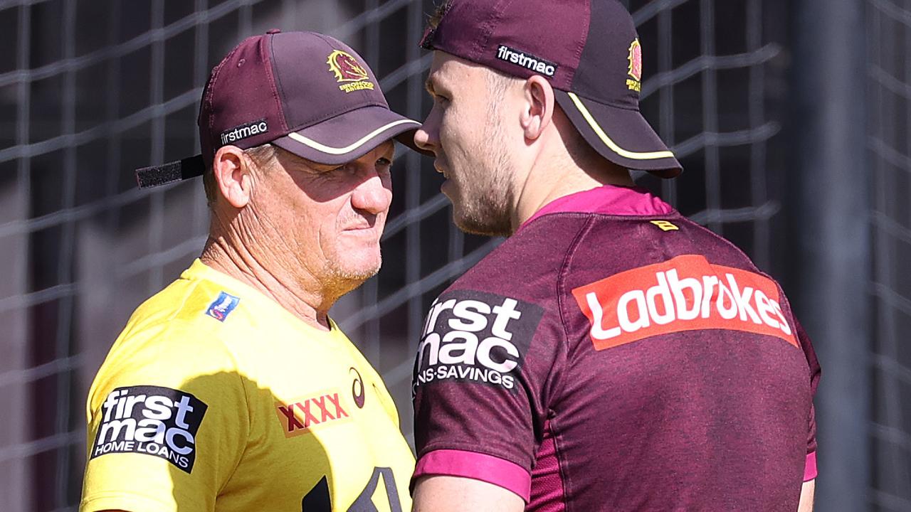 Coach Kevin Walters talking with his son Billy Walters, Brisbane Broncos training, Red Hill. Picture: Liam Kidston
