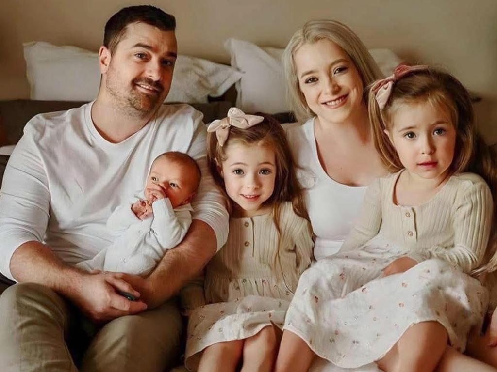 Corey and Katie Montgomery with their three kids Lawson, Airlie (middle) and Arya. Airlie, 6, died on Sunday when she wandered from her family home at North Nowra and fell from a rock ledge. Picture: Facebook