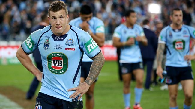 Trent Hodkinson walks off dejected after NSW’s loss in the 2015 State of Origin opener at ANZ Stadium. Picture: Gregg Porteous