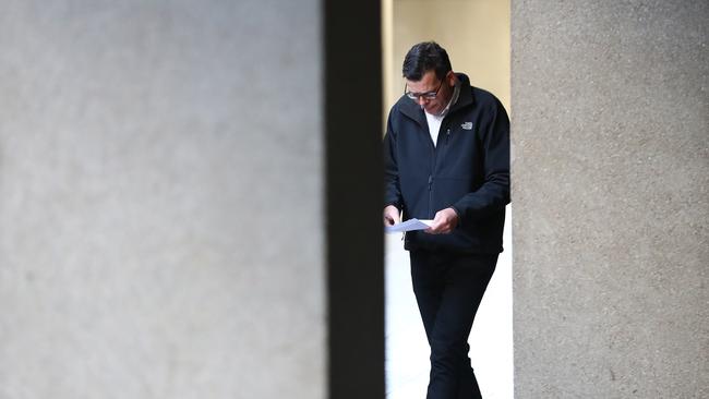 Victorian Premier Daniel Andrews arrives for today’s press conference Picture: Getty Images