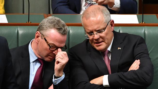 Minister for Defence Christopher Pyne and Prime Minister Scott Morrison during Question Time last month.  