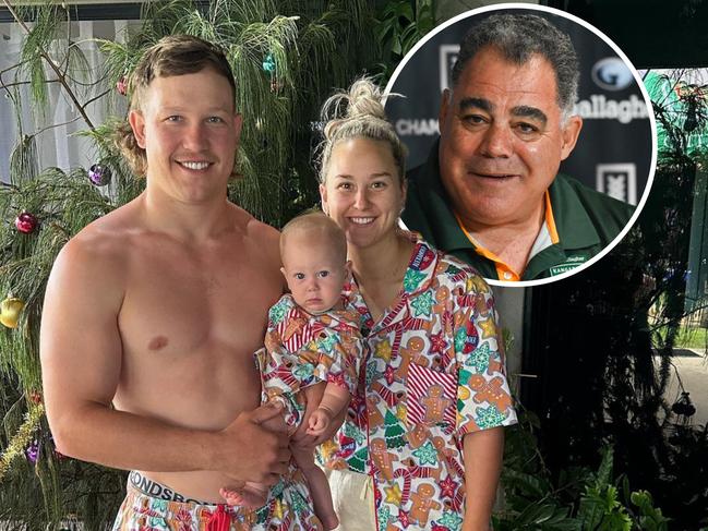 Reuben Cotter with wife Mackenzie and daughter Sunny and (inset) Kangaroos coach Mal Meninga. Picture: Instagram / NRL Imagery