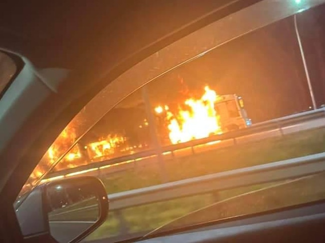 The fiery crash on the Logan Motorway on Tuesday night (Facebook image)