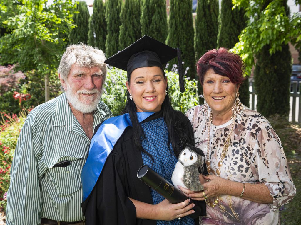 Bachelor of Nursing graduate Rebecca Niebling with parents Les and Sue Smith at a UniSQ graduation ceremony at The Empire, Tuesday, October 29, 2024. Picture: Kevin Farmer