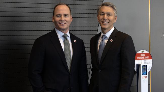 BHP chairman Ken McKenzie (L) and CEO Mike Henry (R) at the 2023 AGM at the Adelaide Convention Centre. Picture: Emma Brasier/NCA NewsWIRE