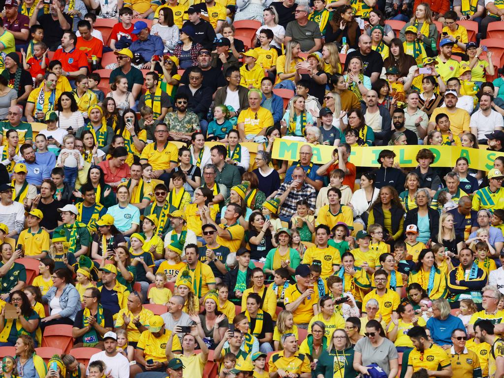 Matildas Fans pack into the FIFA Womens World Cup Quarter final match between Australia and France at Brisbane Stadium. Picture Lachie Millard