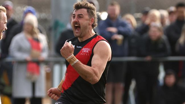 Dylan Tarczon celebrates a goal for Riddell. Picture: Hamish Blair