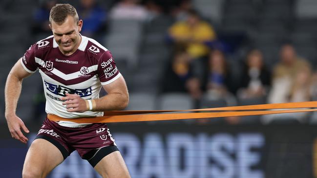 SYDNEY, AUSTRALIA - MAY 23: Tom Trbojevic of the Sea Eagles warms up ahead of the round 12 NRL match between Parramatta Eels and Manly Sea Eagles at CommBank Stadium on May 23, 2025 in Sydney, Australia. (Photo by Cameron Spencer/Getty Images)