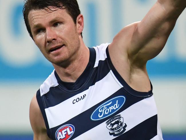 Patrick Dangerfield of the Cats reacts after kicking a goal during the Round 23 AFL match between the Geelong Cats and the GWS Giants at Simonds Stadium in Geelong, Saturday, August 26, 2017. (AAP Image/Julian Smith) NO ARCHIVING, EDITORIAL USE ONLY