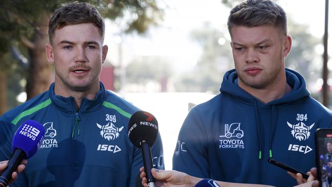 DAILY TELEGRAPH FEBRUARY 24, 2025. Canberra Raiders players Hudson Young and Morgan Smithies front the media regarding an incident at their Hilton Hotel in Las Vegas on Thursday night. Picture: Jonathan Ng