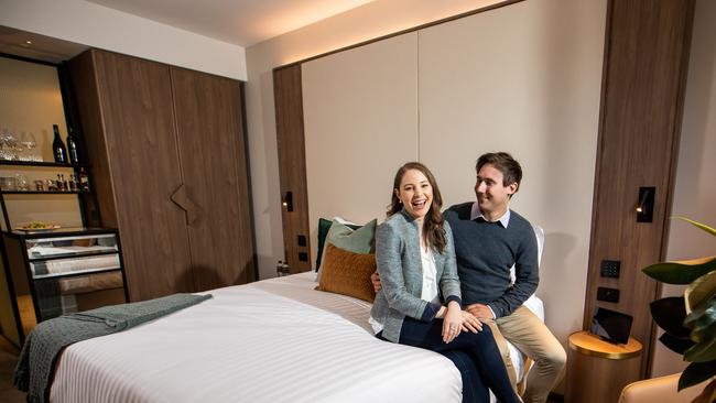 Chelsea and David enjoy their first taste of the Oval Hotel experience in the hotel’s concept room., Photographer: James Elsby