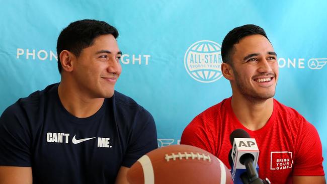 NRL stars Jason Taumalolo and Valentine Holmes at a workout in Los Angeles.