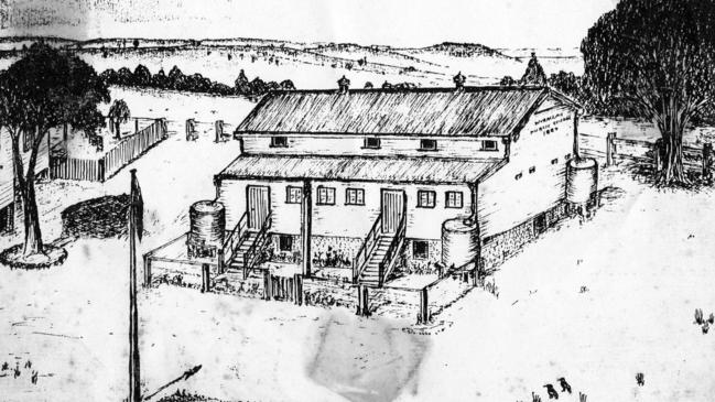 A sketch of the original school building as it was in 1939 by Fred Hoskins.