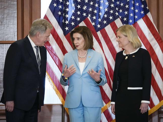 Speaker of the House Nancy Pelosi welcomes President of Finland Sauli Niinisto and Prime Minister of Sweden Magdalena Andersson for a meeting at the US Capitol over the nation’s NATO membership bid. Picture: Getty Images/AFP