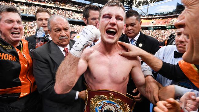 Jeff Horn celebrates after his win against Manny Pacquiao. Picture: Getty Images