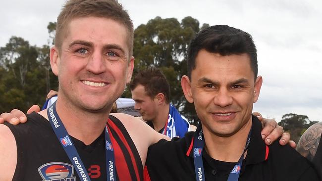 Shannon Henwood (left) and Jussie Hill after the 2019 Division 3 grand final.