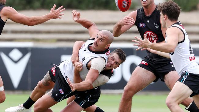 Zak Butters tackles Sam Powell-Pepper during Port Adelaide’s intra-club match. Picture: Sarah Reed