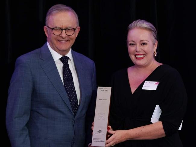 Prime Minister Anthony Albanese with Prime Ministers Veteran Employment Awards Partner Employee of the Year at the winner Eden Santos from Ironside Resources. Photo: Supplied