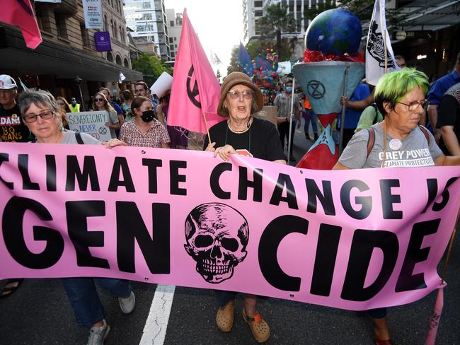 Marchers in Brisbane’s CBD this evening. Picture: Dan Peled/NCA NewsWire