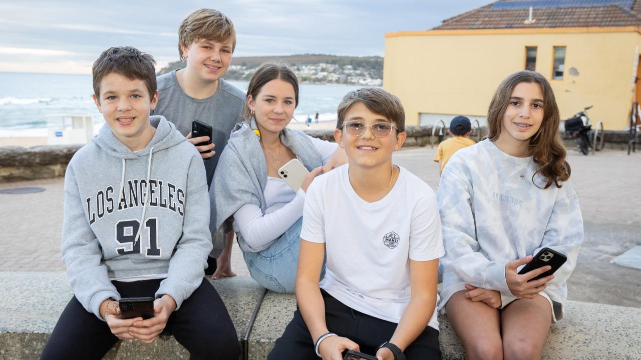 From left are Zac Nowytarger, Jamie Fielding, Georgie Pogson, Zach Smith and Maddy Ryan. Zac said there was “no point” keeping emojis around – he and most of his friends have already ditched them. Picture: Renee Nowytarger