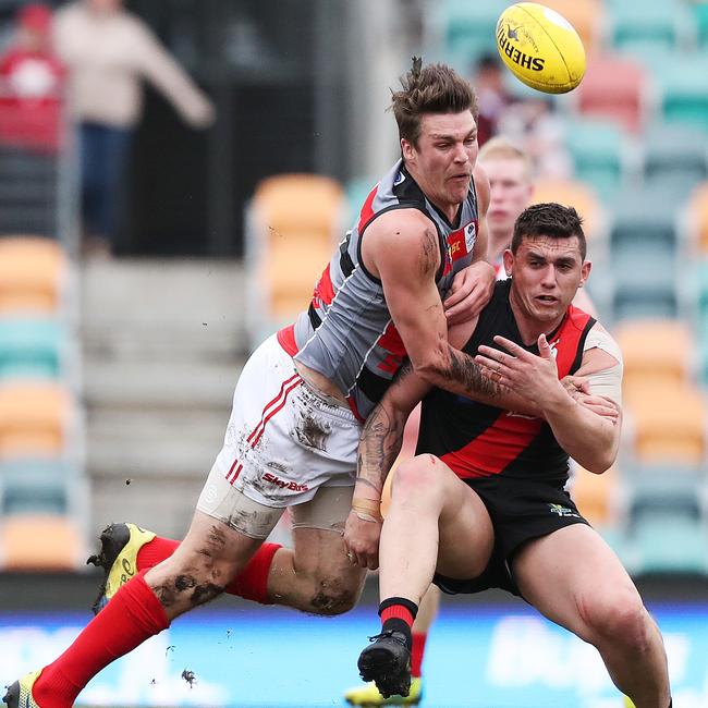 Haydn Smith (Lauderdale) and Dakota Bannister (North Launceston) clash in last year’s TSL grand final. Picture: NIKKI DAVIS-JONES