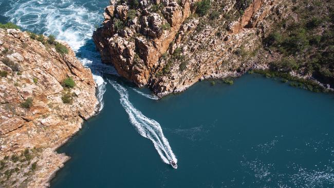 A speedboat shoots through Horizontal Falls, Talbot Bay.