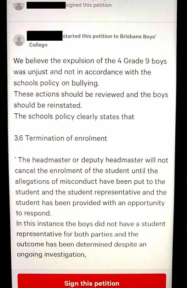 The expulsion of four students over an alleged gang bashing at Brisbane Boys’ College was overturned after their parents filed a lawsuit against the elite school and its principal, and after an online petition began.