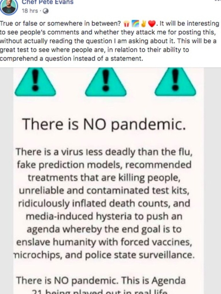 Evans shared numerous posts implying the coronavirus pandemic was not real. Picture: paleochefpeteevans/Facebook via NCA NewsWire