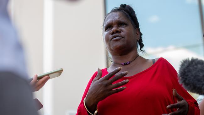 Mother of 15-year-old Layla "Gulum" Leering, Justine Jingles outside the Darwin Local Court during an inquest into her death in 2020. Picture: Che Chorley