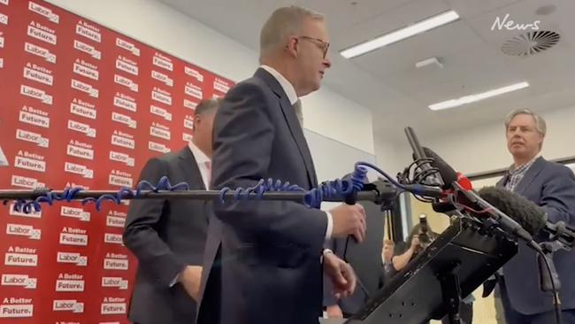 Mr Albanese walked out of a press conference without answering journalists’ questions in Melbourne on day three of the federal election campain. Picture: Sky News