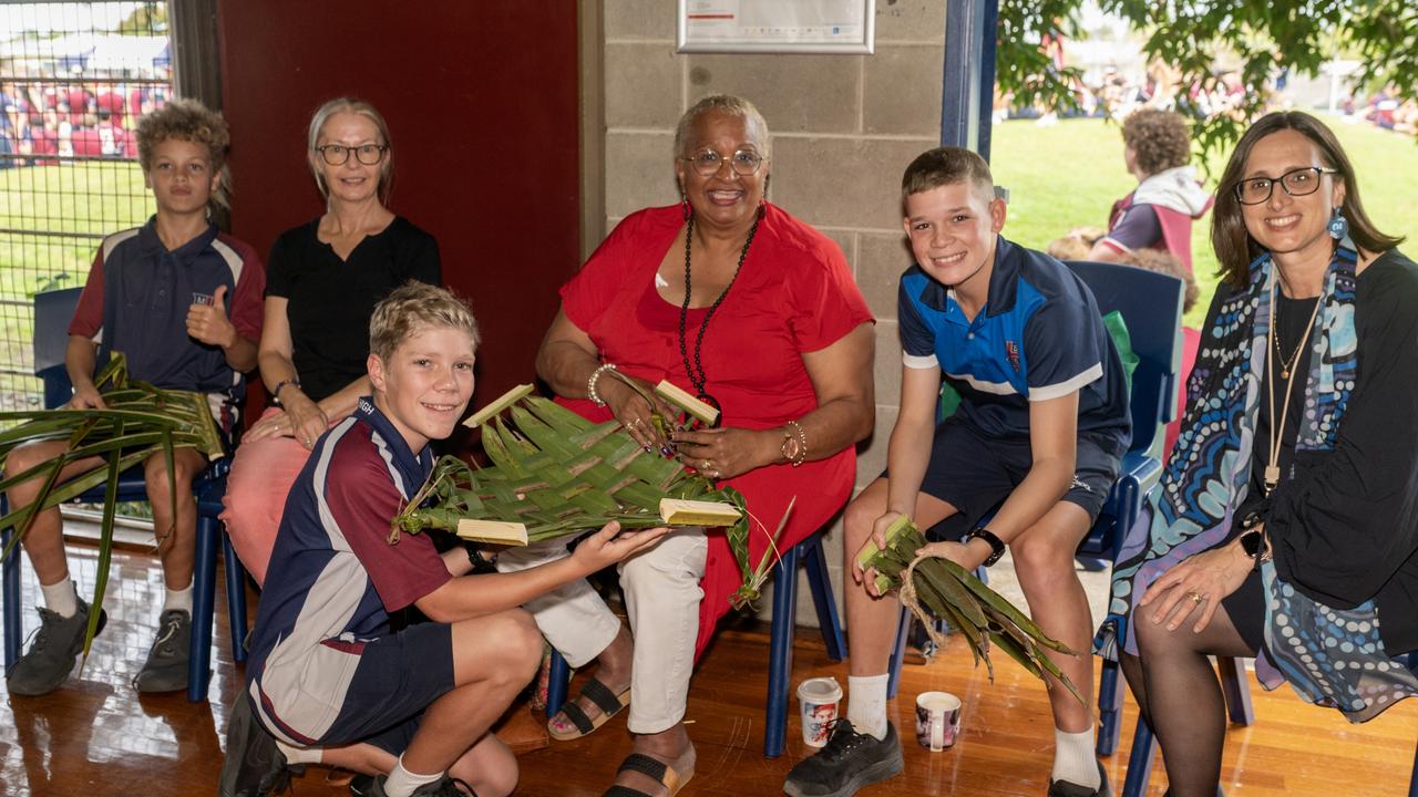 William Parter, Janet Ambrose, Hayden Thompson, Marion F Healy, Chad Sander and Mrs Felicity Roberts (Principal) at Mackay State High School Friday 21 July 2023 Picture: Michaela Harlow