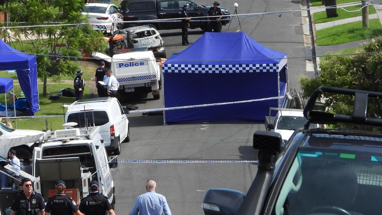 Police on the Camp Hill where Hannah Clarke and her children were killed by Rowan Baxter. Picture: Lyndon Mechielsen/The Australian