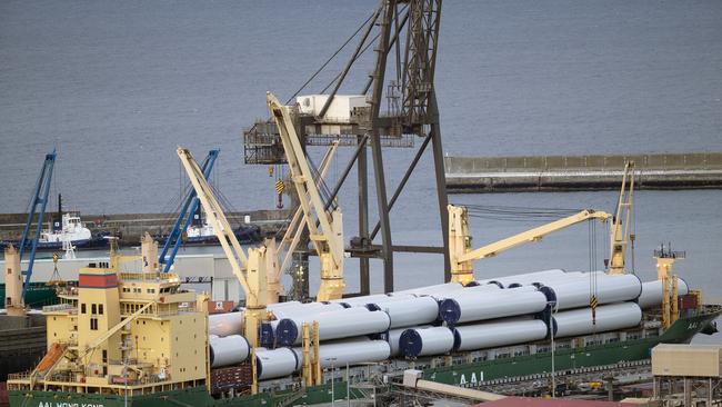 Wind turbine pylons ready to be unloaded from the AAL Hong Kong in the Port of Burnie. PICTURE CHRIS KIDD