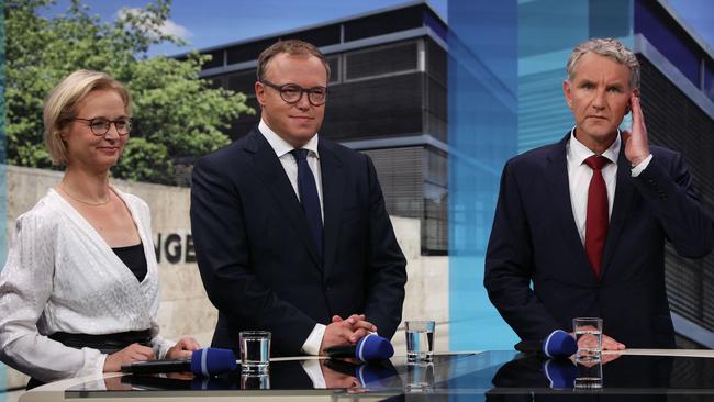 (L-R) Left-wing populist party Sahra Wagenknecht Alliance (BSW) candidate Katja Wolf, conservative Christian Democratic Union (CDU) party candidate Mario Voigt and far-right AfD (Alternative for Germany) party candidate Bjoern Hoecke attend a TV debate in Erfurt, eastern Germany. Picture: AFP.