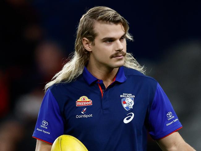MELBOURNE, AUSTRALIA - APRIL 12: Bailey Smith of the Bulldogs gicves the thumbs up during the 2024 AFL Round 05 match between the Western Bulldogs and the Essendon Bombers at Marvel Stadium on April 12, 2024 in Melbourne, Australia. (Photo by Michael Willson/AFL Photos via Getty Images)